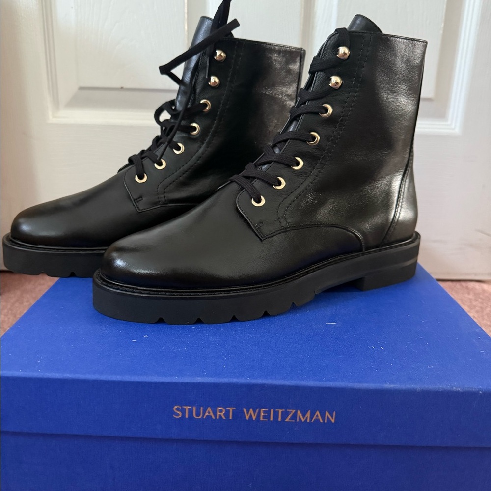 Stuart Weitzman Black Leather Lace-Up Boots UNWORN, WIDE